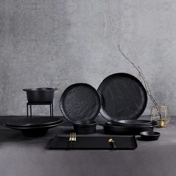 Black Porcelain Dinnerware Sets Ceramic Dish Plates Dinnerware, Veins Ceramic Dinner Set For Restaurant And Hotel