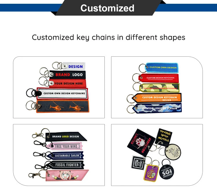 Hot sale promotional custom brand logo embroidery jet tag fabric keyring woven keychain