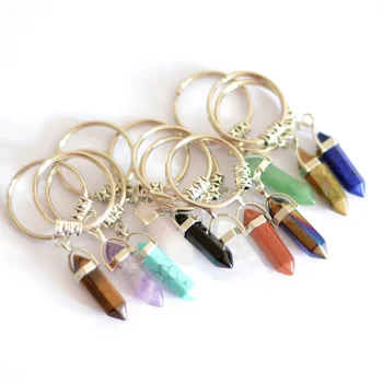 Natural Stone Keychain Turquoise Pink Opal Amethyst Crystal Key Chains Rings