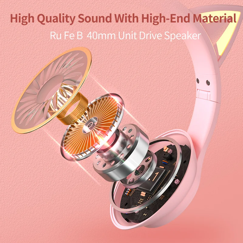 BH10-S New Arrivals Christmas Gifts Moving RGB Light Cat Ears Wireless Bluetooth Pink Cat Headphones For Girl