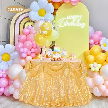 Yachen Round Sequin Tablecloth Gold Decoration Sparkly Party Table Cloths for Holiday Birthday Party Wedding Bridal Decor