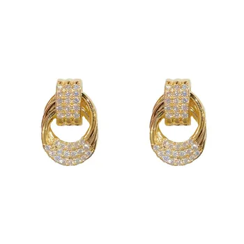 New Retro round Zircon Pin Earrings S925 Silver Gold-Plated Brass Geometric Style Jewelry Trendy Fashion