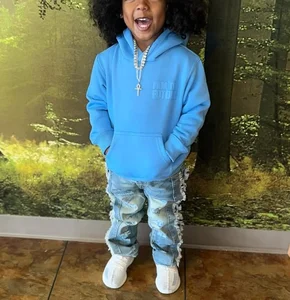 Wholesale Luxury Custom 500 GSM Heavyweight Oversized Sweatshirts Embossed Hoodie and Denim Pants Kids Tracksuit