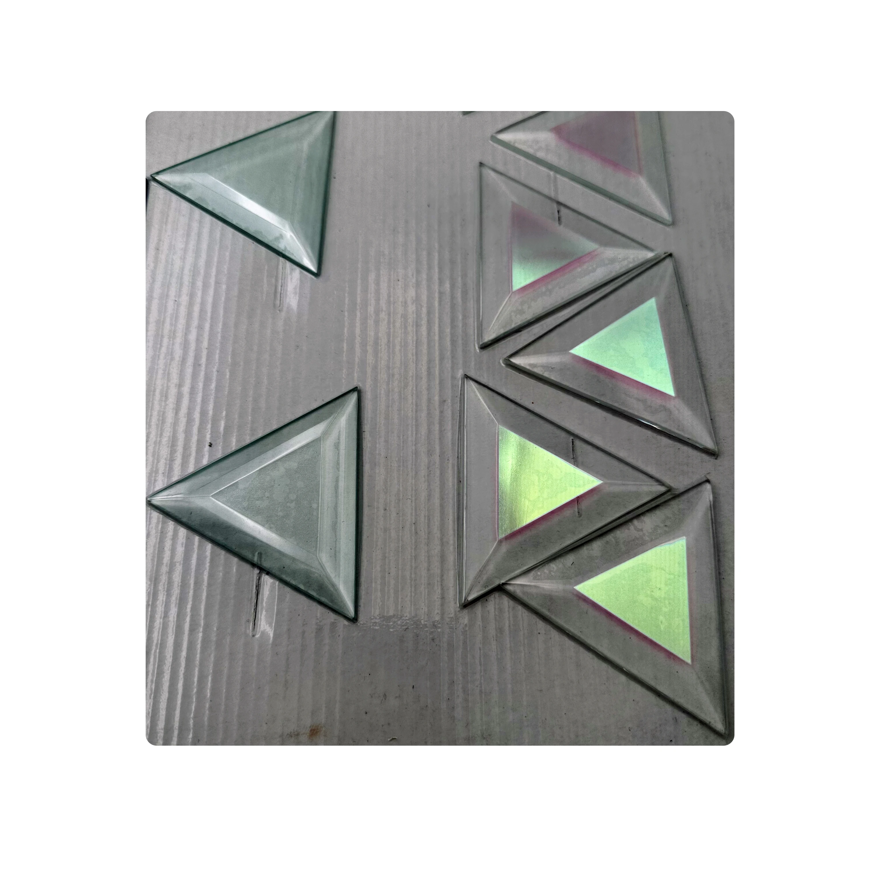Triangle Window Glass Bevel Cluster Iridescent Dichroic Triangle Shape Glass Chamfered rainbow Beveled Glass Pieces