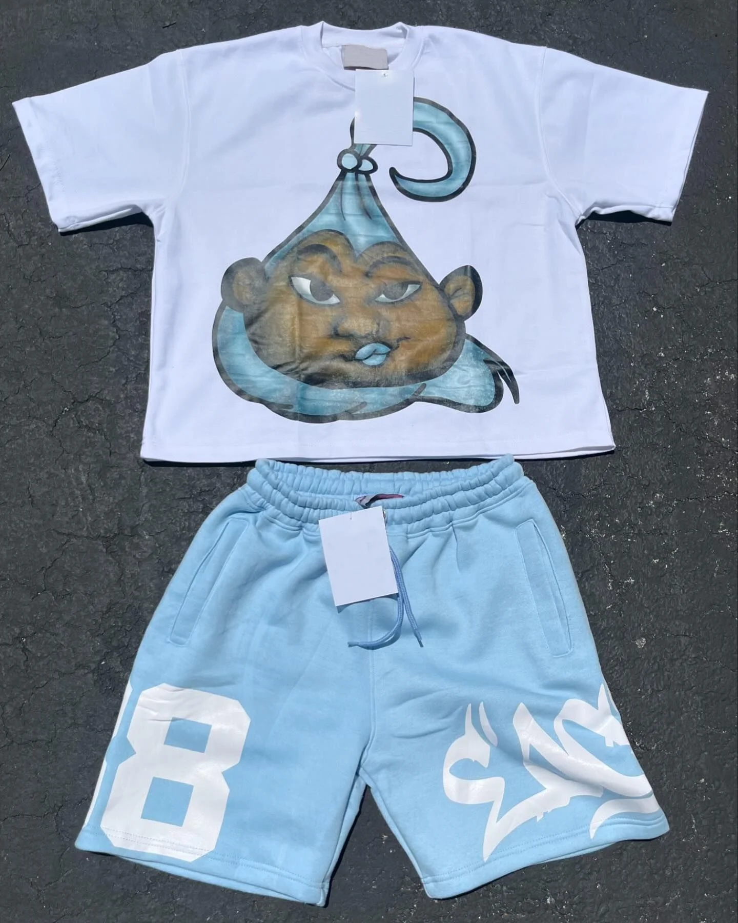 Custom Streetwear Summer Oversized Print Cotton Sports Shorts T-shirts 2 Pieces Set Jogging Suits Basketball Shorts Set for Men gallery 3