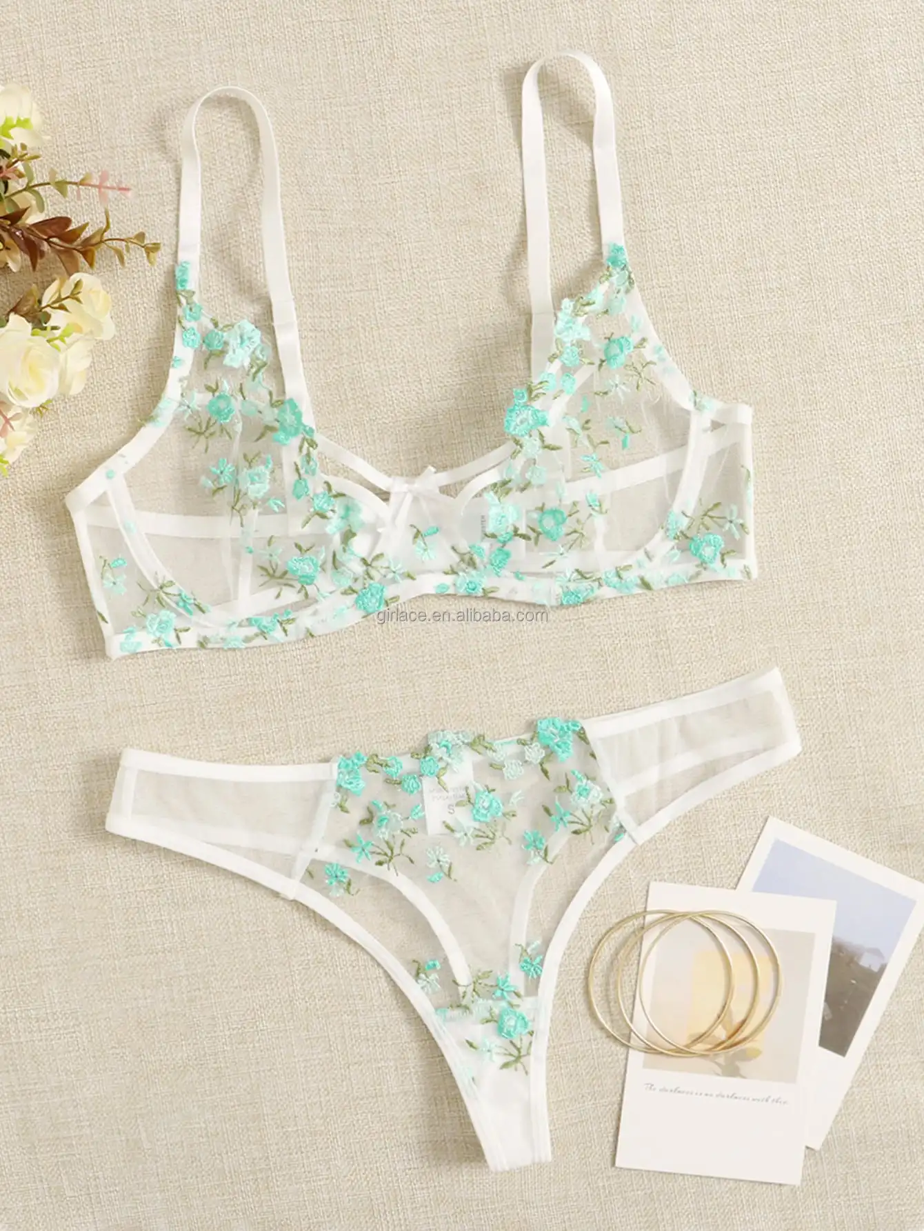 Mature Girl Sexy Night Embroidery Floral Net Bra Set Back Closure ...