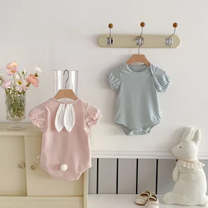 Baby Girl Summer Romper with Bunny Ear Triangle Jumpsuit Cute Crawling Outfit Short Sleeve Knitted Fabric with Button