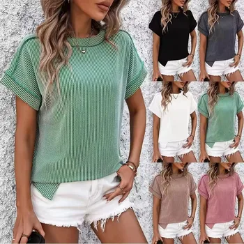 2024 Spring And Summer New Women's Clothing Round Neck Ruffle Cuff Knitted T -shirt Top