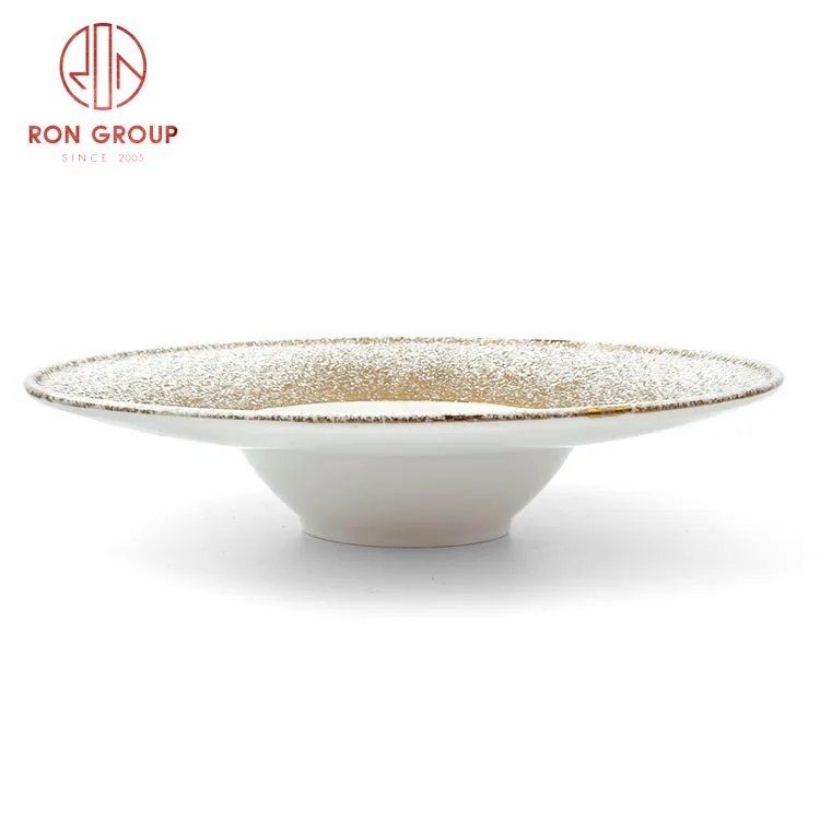 Mocha Starry Matte Gloden Rim Pasta Salad Soup White Plate Luxury Hotel Restaurant Ceramic Soup Bowl
