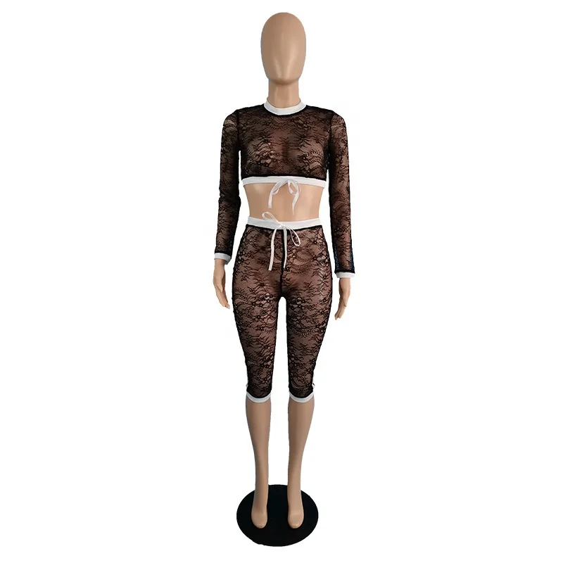 
QC-TC077 2021 трендовые прозрачного кружевного полотна с длинным рукавом Топ и короткие штаны, черный комплект из двух предметов, комплект с шортами 