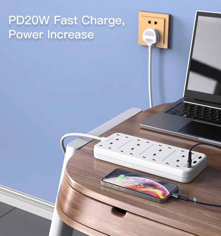 YESIDO 2 Meter MAx 3250W capacity 8 AC ports Power Socket with PD and QC fast charging USB ports