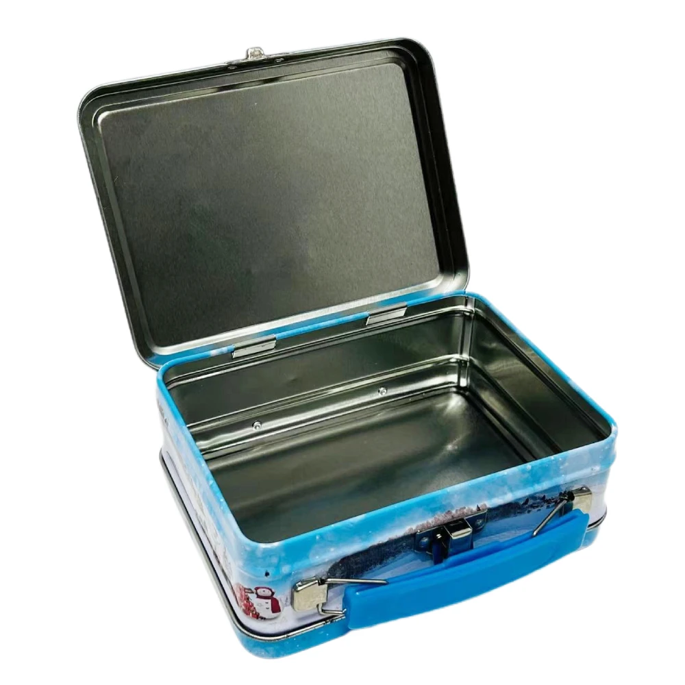 Custom Printing Vintage Tinplate Packaging Rectangular Metal Box Christmas Biscuit Candy Tin Lunch Box With Handle