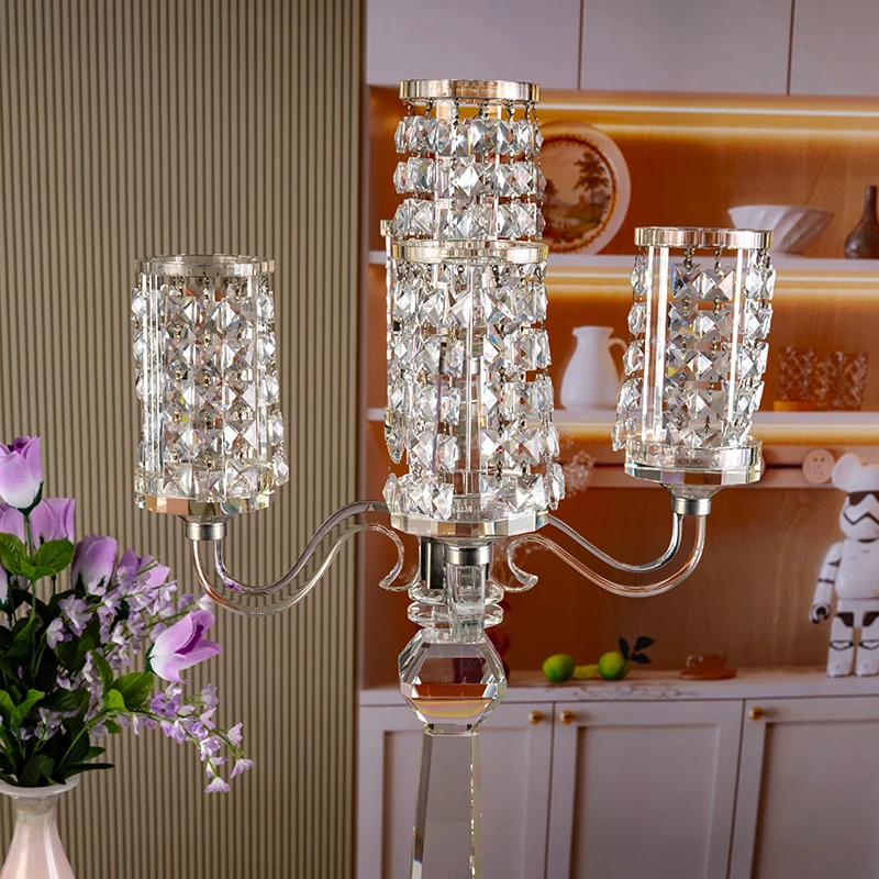 Hot Selling Five Arm Long Handle Glass Tall and Elegant Wedding Center Home Decoration Crystal Candle Holder
