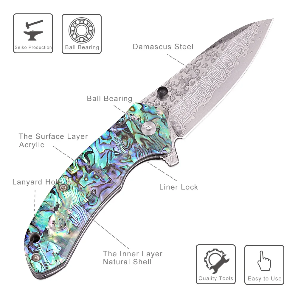 Exquisite Natural Shell Handle Key Knife Damascus Steel Women Portable Self Defense Folding Pocket Knife