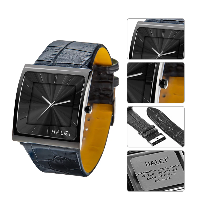 STAR RUDDER Rectangular Genuine Leather Wrist Watch Quartz Black Silver Watch Top Quality Fashion Waterproof Quartz Mens Watch