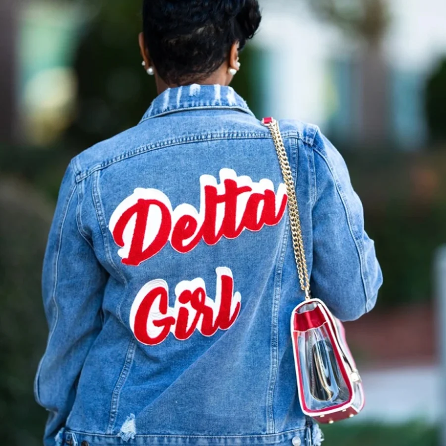 Low MOQ S to 3XL Size Greek Alphabet Delta Girl Printed Short Frayed Coat Sleeve Delta Dear Zeta Sgrho DST Sorority Denim Jacket
