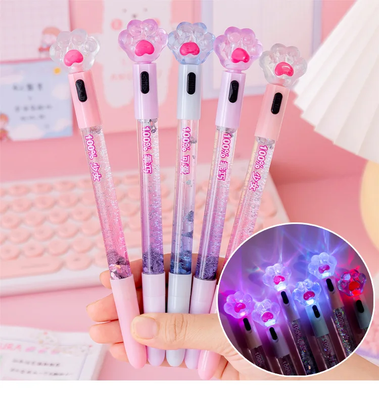 Promotional New Design Lovely Stationery Cat Paw Pens With Led Light ...