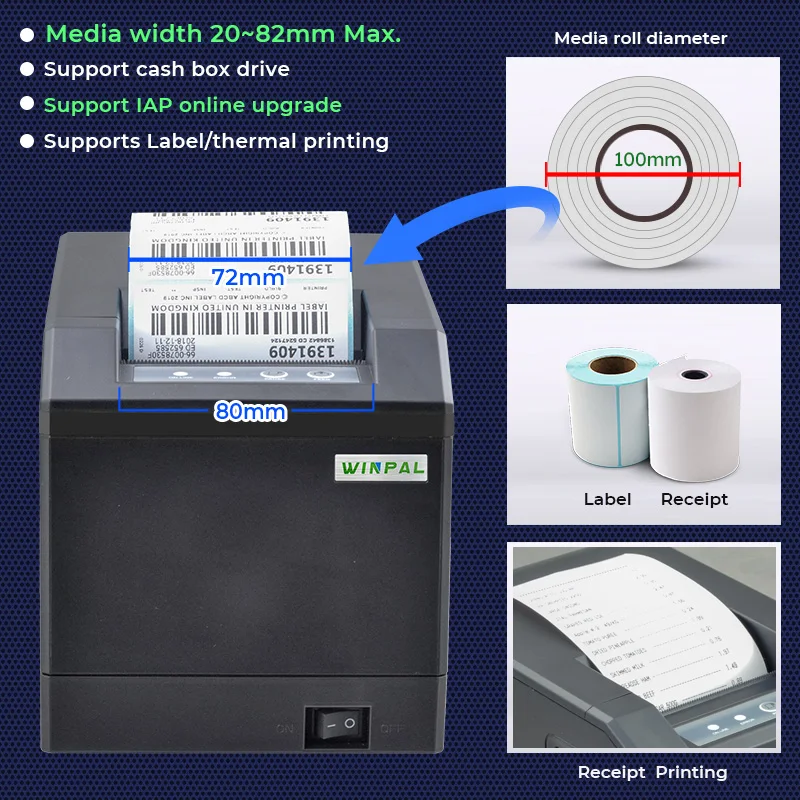 Winpal WP80B Direct Thermal Label Printer Sticker Machine ESC POS Android IOS Thermal Printer for Shipping Label