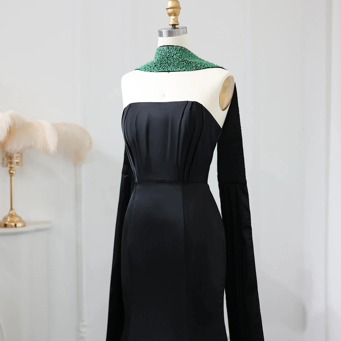 Elegant Black Mermaid Arabic Evening Dresses With Scarf Luxury Beaded Dubai  Women Wedding Formal Party Gowns Sz421-1