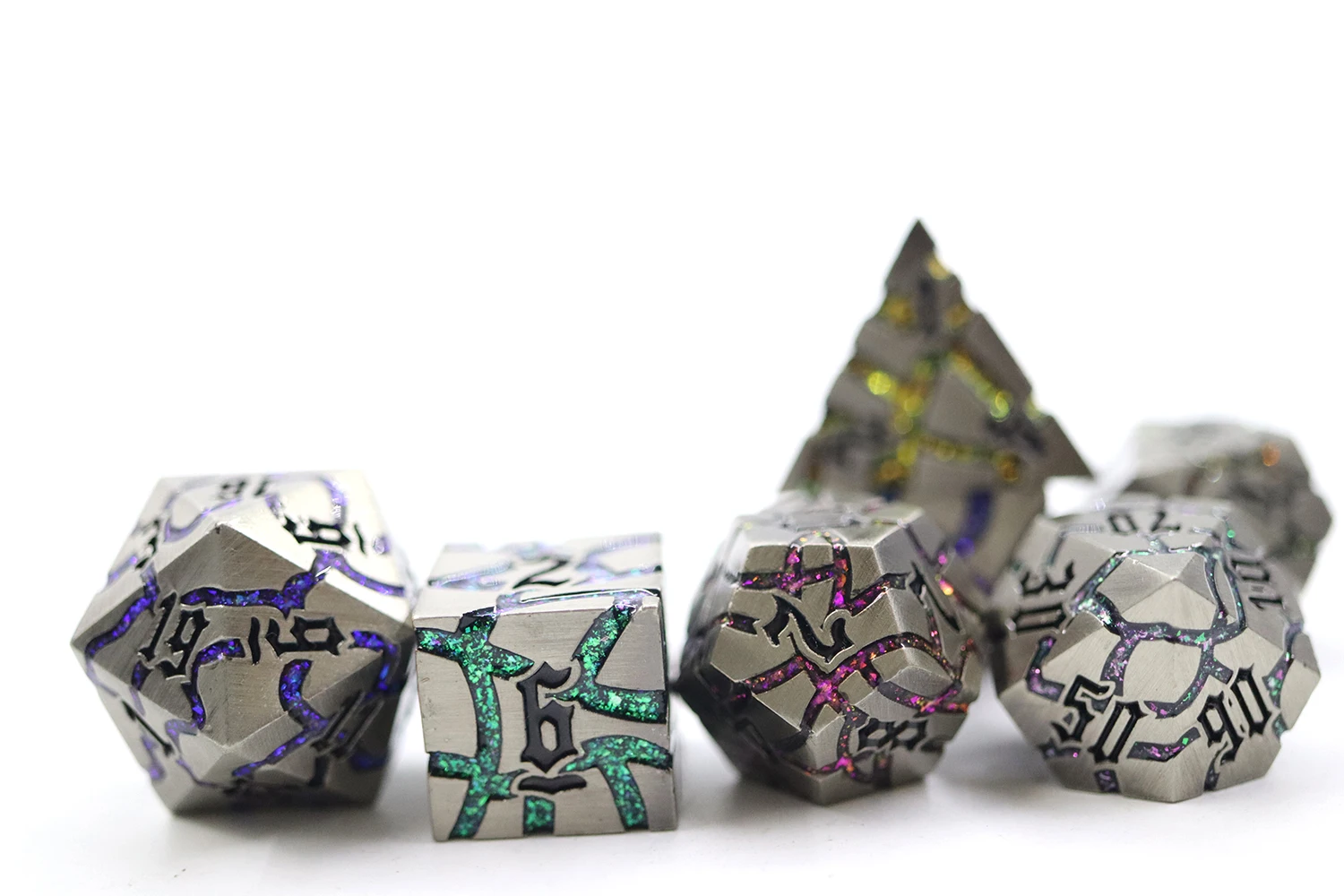 Polyhedral Dice Starry Green Blue Colorful Mica Glitter Sharp Edge Cracked Dice Set With Black Number for Dnd Board Game supplier