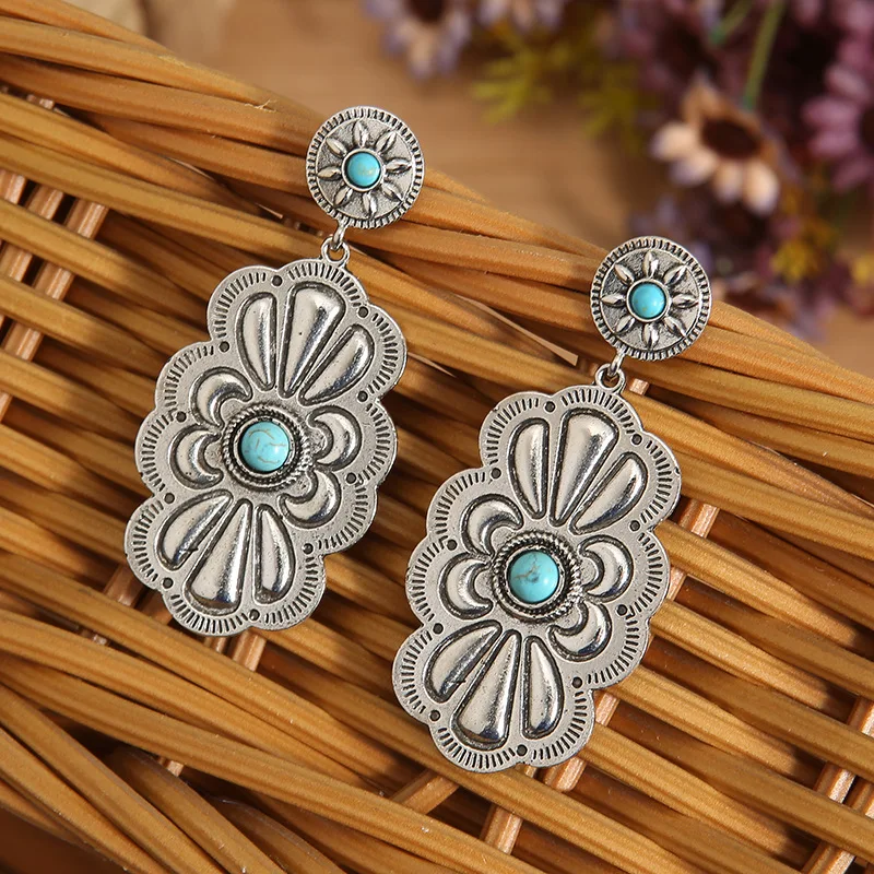 New Popular Latest Retro Creative Unique Cute Alloy Geometric Turquoise Earrings
