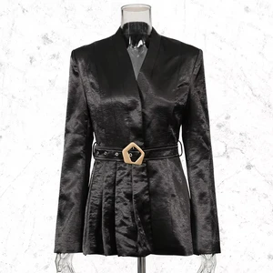Customizable Women's High-End Satin Blazer with Statement Buckle Belt Avant-Garde Structured Shoulder Tailored Suit Jacket