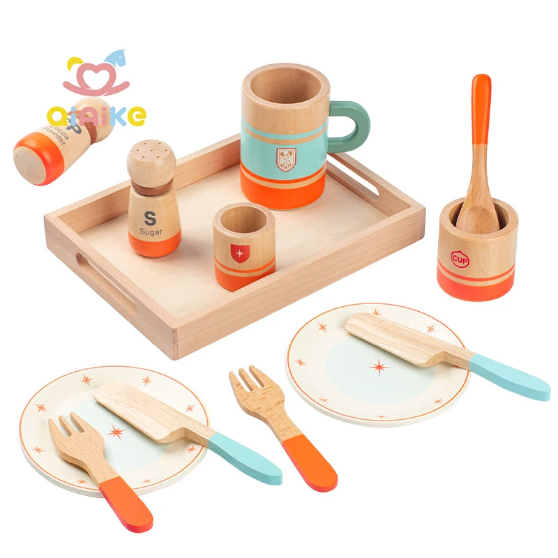 モンテッソーリ式感覚ビンおもちゃ 教育用木製キッチンツールトレイ ティーセット 料理ごっこ アフタヌーンティーセット 子供向け