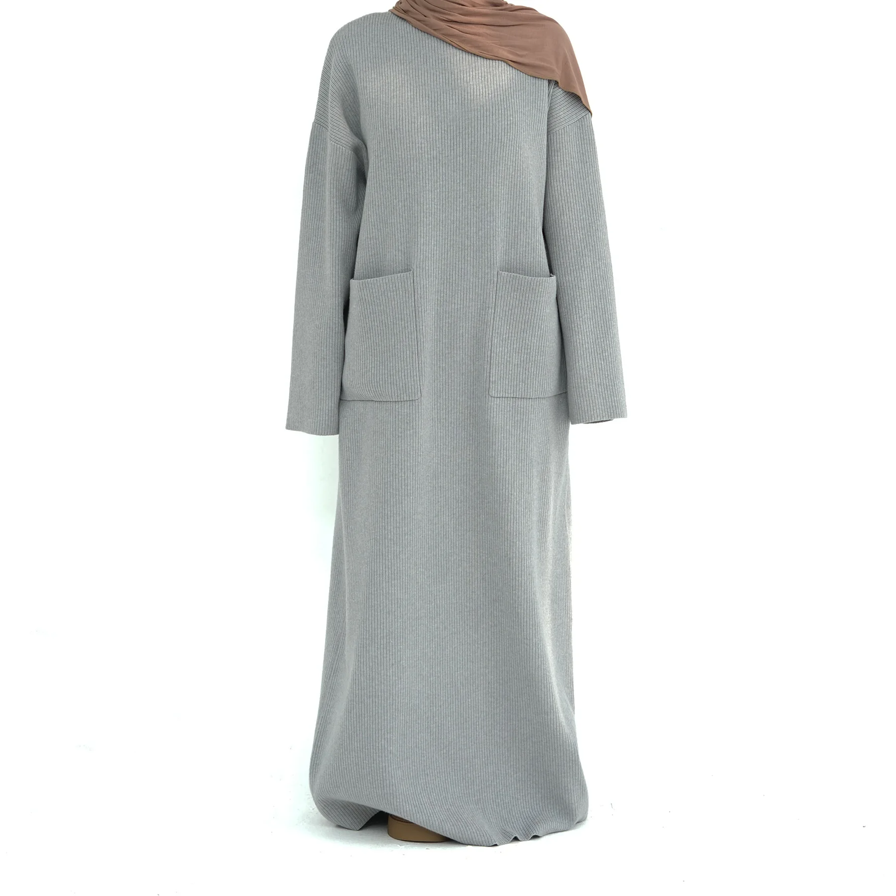 Modest Winter Woman Elegant Sweater Abaya Knitted Dress With Pockets Casual  Solid Color Sweaters Robe for Woman L400
