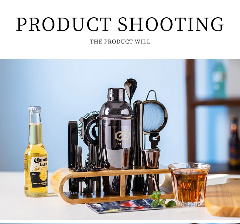 Hot Sell Black Polished Stainless Steel Bartender Kit Gold Cocktail