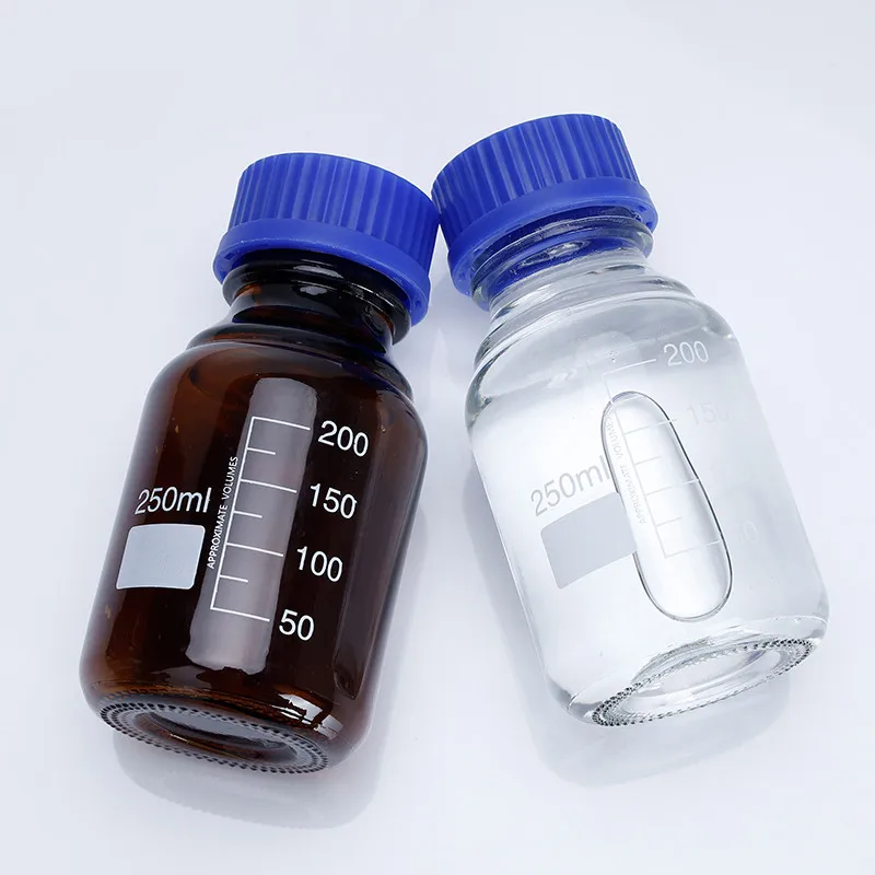 化学用クリアガラス試薬瓶（60ml・250ml・500ml・1000ml）青キャップ