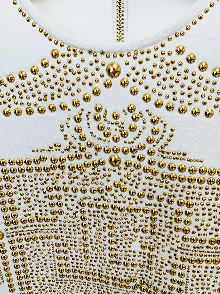 2023 Spring Autumn Quality Rivet Beading Long Sleeve Round Neckline Women Casual White Mini Dress