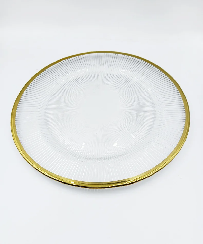 Wholesale 13 Inch Transparent Gold Rim Glass Plate for Wedding