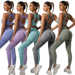 Custom Workout Sets for Women High Waist Hip Lifting Leggings Bra Seamless Knit Gym Fitness Wholesale Custom Logo Front Solid