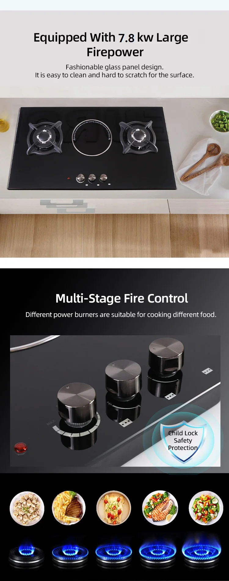 Luxurious Modern Glass Gas Stove 3 Burner Glass Top Easy To Clean Gas