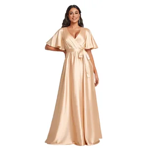 Elegance Sensuality Gown Bridesmaid Dress Satin Wrap - Front Bridesmaid Gown with Flutter Sleeves Belted Waist