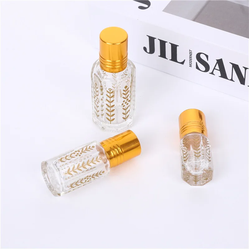 Top Grade 3ml 6ml 12ml Empty Golden Octagonal Essential Oil Roller Bottle Leaf-pattern Glass Roll on Perfume Bottle