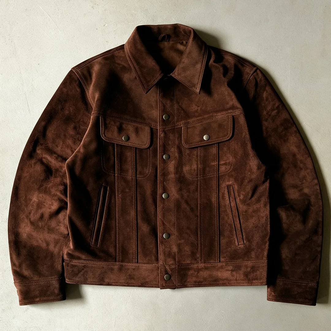 Męski vintageowy zachodni skrócony kurtka dżinsowa na zamówienie w kolorze brązowym z kieszeniami, kołnierzem i metalowymi guzikami na przodzie, o prostej sylwetce, do stylizacji ulicznej