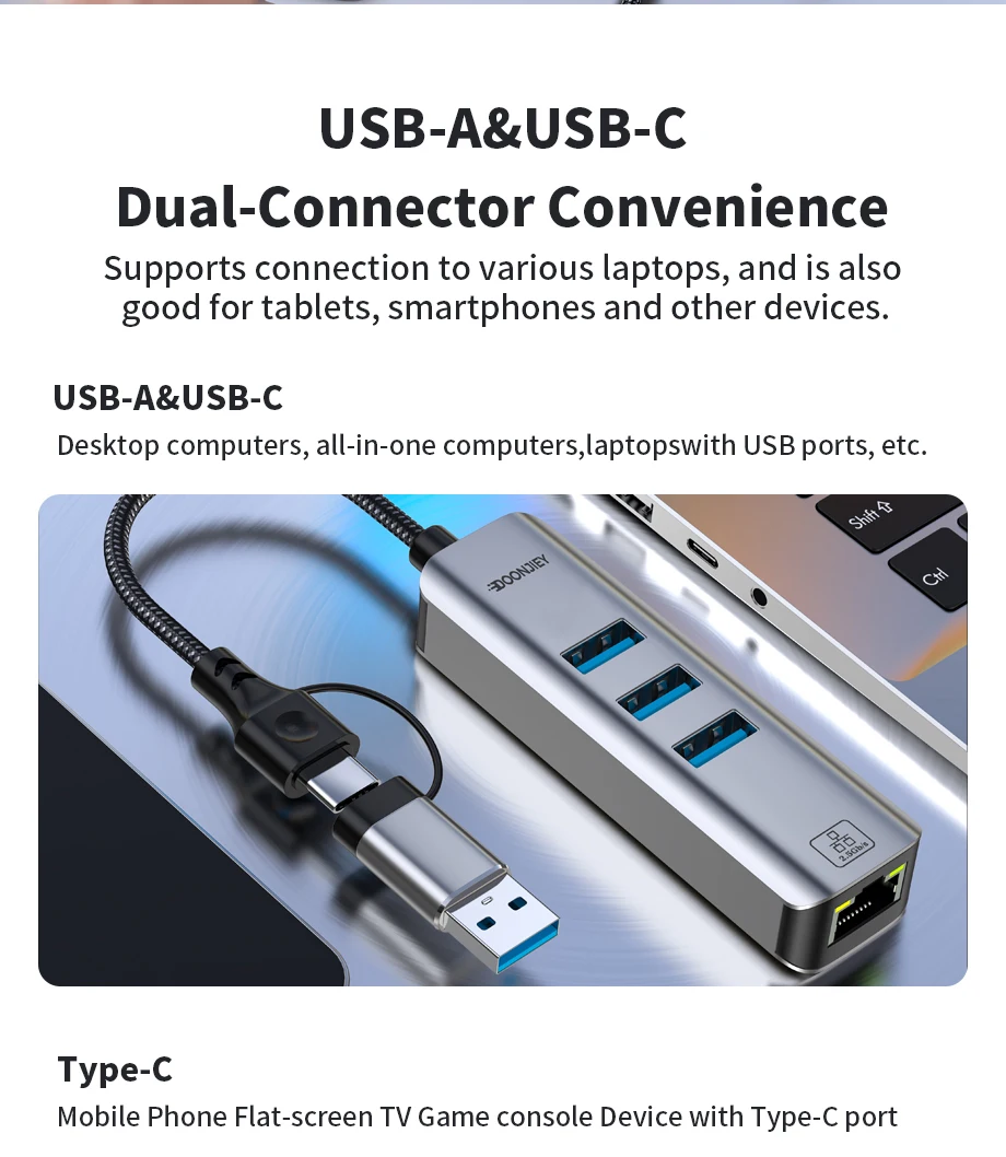 DOONJIEY USB 3.0 Aluminum Alloy Ethernet Adapter with 3-Port Type-C Gigabit Ethernet RJ45 Docking Station in Stock
