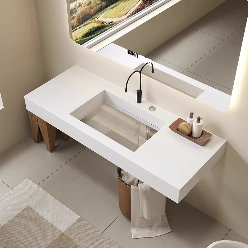 product waterproof bathroom cabinet transparent glass bottom suspended rock board bathroom fluted cabinet washbasin combination-6