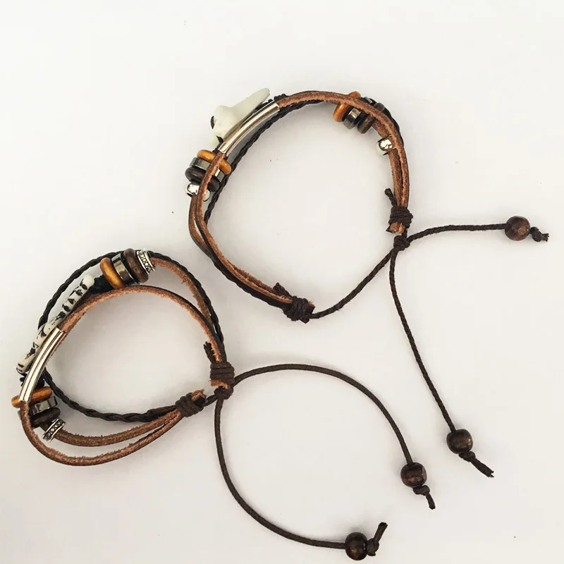 Customize Handmade Brown Ox Bone Tooth Hemp Leather Bracelet for Men