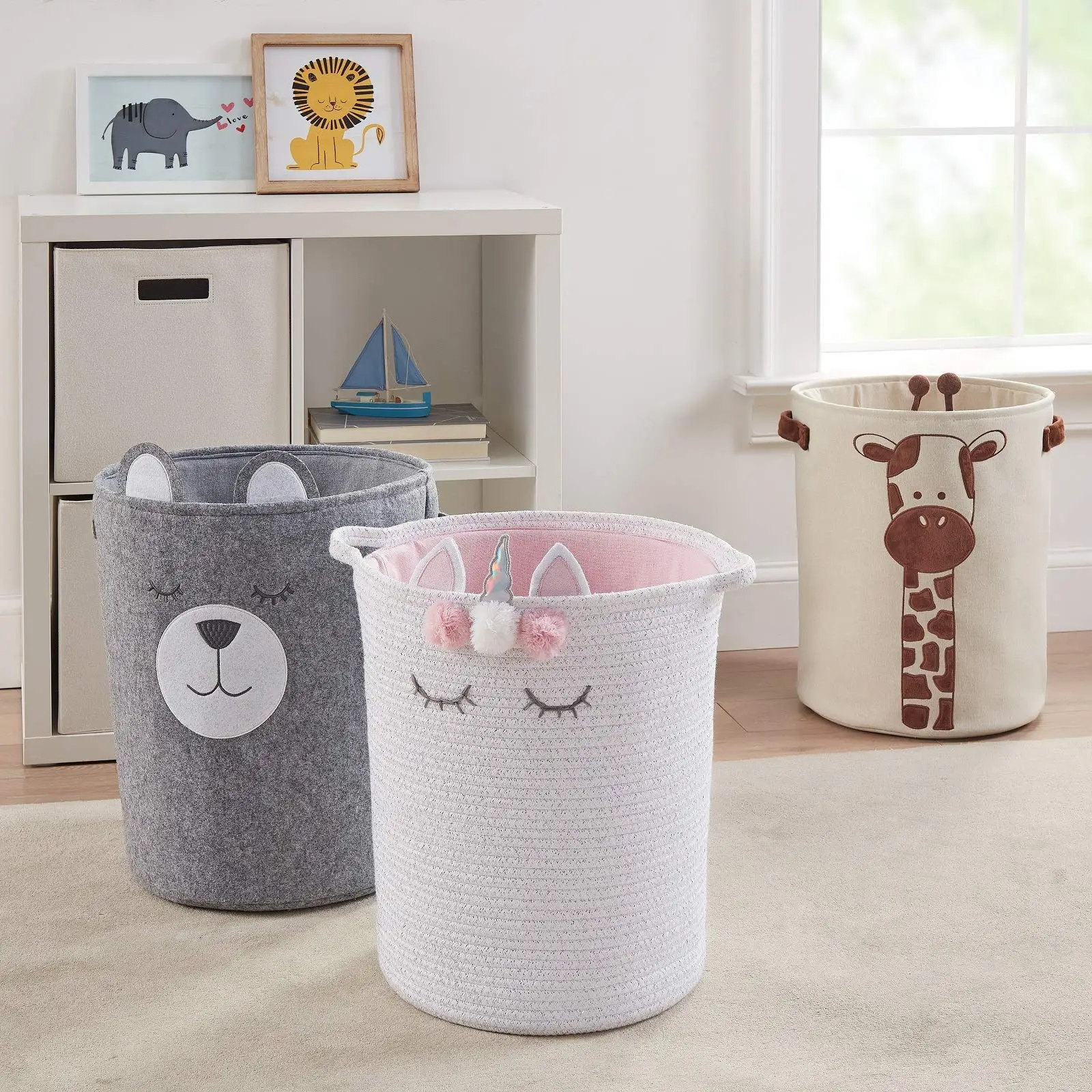 Round Tapered Laundry Hamper With Drawstring Liner Felt Bear Cute ...