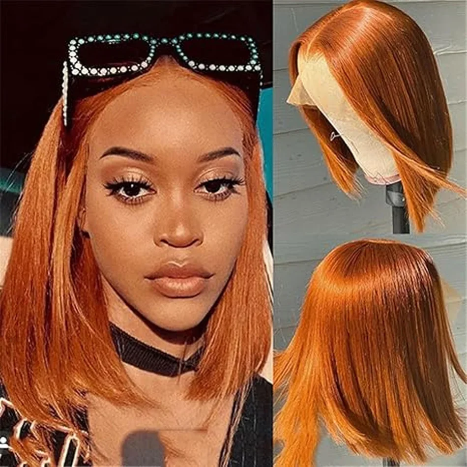 Brazilian Remy Human Hair Short Bob Wigs Lace Frontal for Women Ginger Orange Pre Plucked_voghion.com