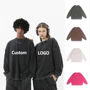 Custom Streetwear Washed Hoodies Mens Blank Black 350gsm French Terry Vintage Distressed Acid Wash  Hoodie Men