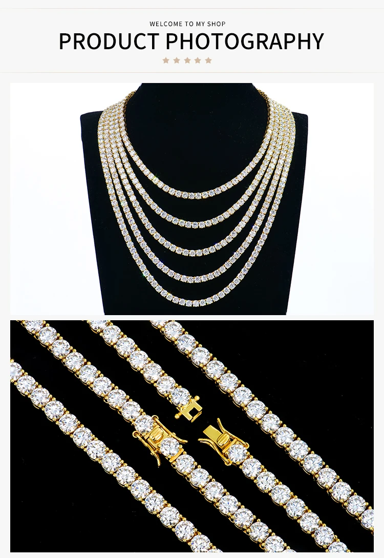 wholesale jewelry men women 5mm gold plated 925 sterling silver diamond mossanite moissanite iced out tennis necklace chain