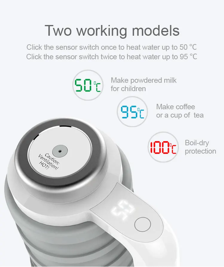 Fashionable 12V Travel Foldable Electric Kettle by Collapsable Design From Car Power Port for Camping & Travelling details