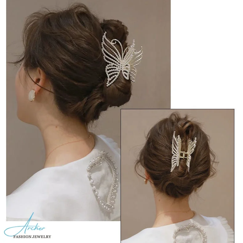 Large butterfly Alloy Grip Female Hairpin Back Head New Pearl Rhinestone Shark Clip Archers Brand Fashion 2024