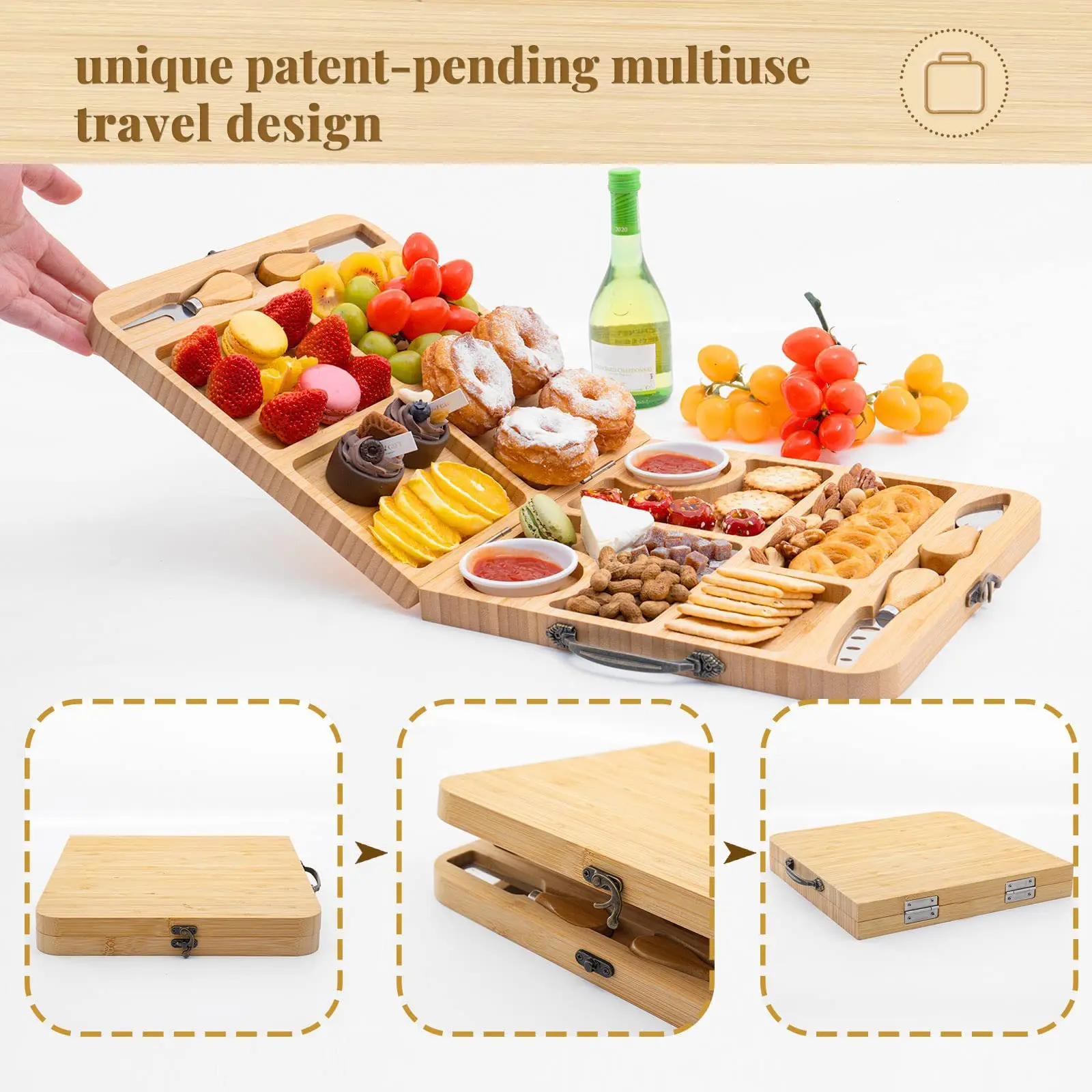 Outdoor Picnic Camp Portable Folding Foldable Large Bamboo Cheese Board ...