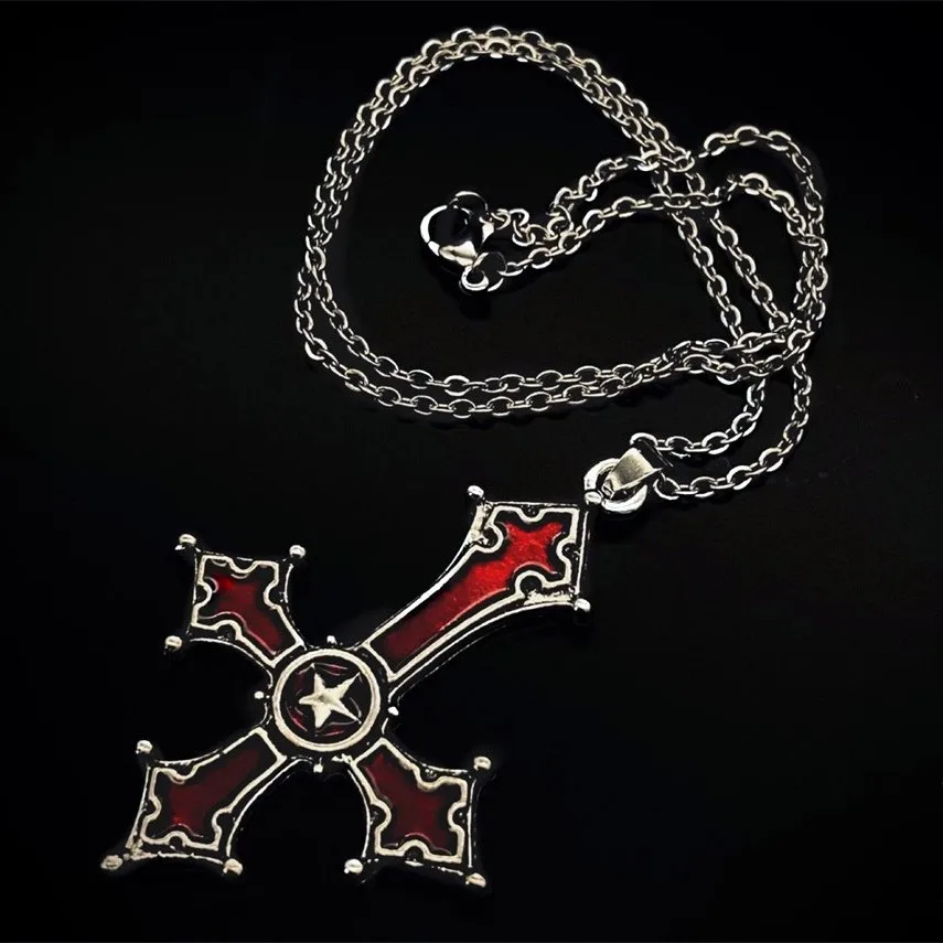 Punk Blood Red Gothic Inverted Cross Pendant Necklace