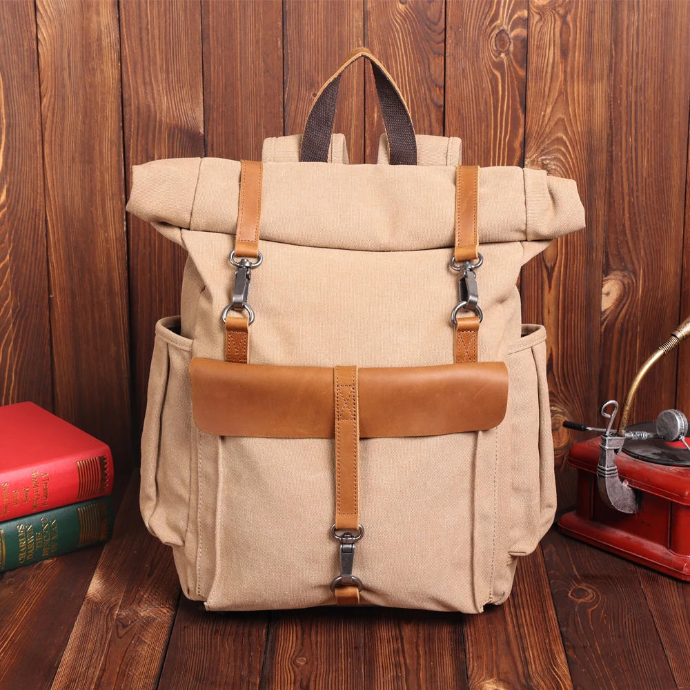 Custom Canvas Backpack with Leather Trim Travel Vintage Laptop Backpack for Student
