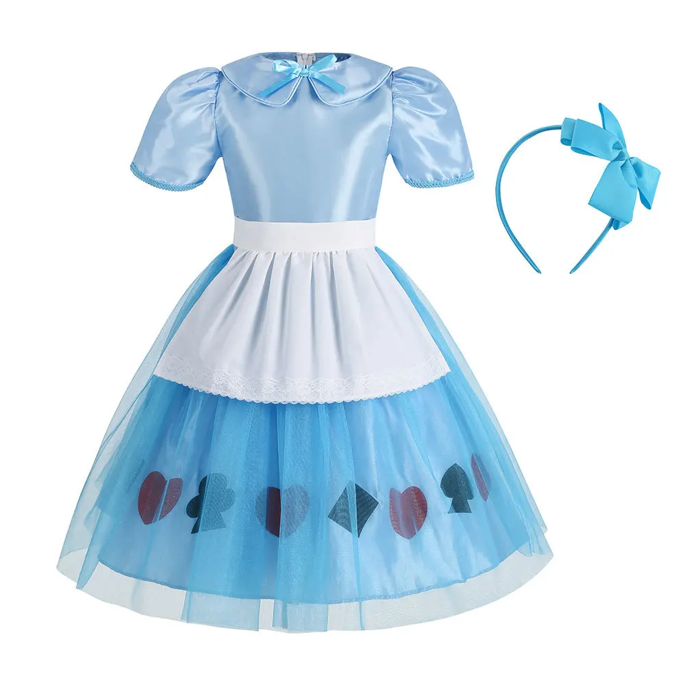 Alice's Adventures in Wonderland Cosplay Blue Heart Mesh Dress Halloween  Kid Queen Poker Girl